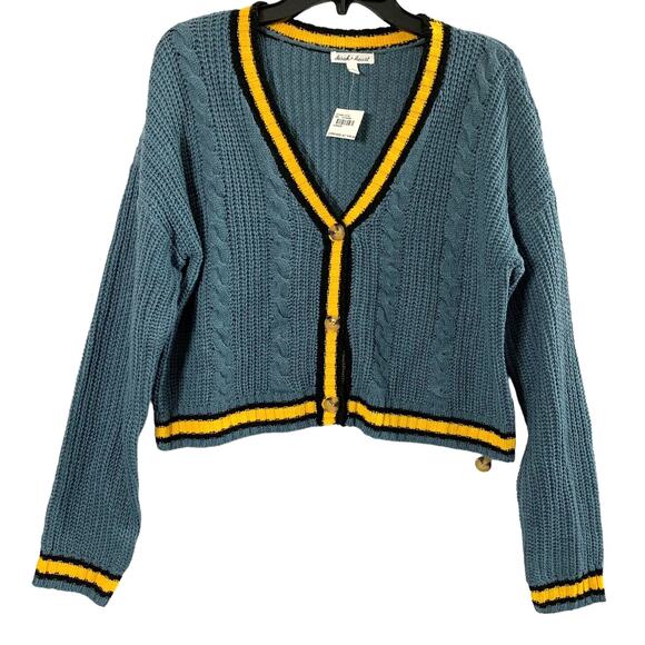 Derek Heart Cardigan Sweater Jr Large Chunky Knit Blue Yellow Preppy School Girl - Picture 1 of 7